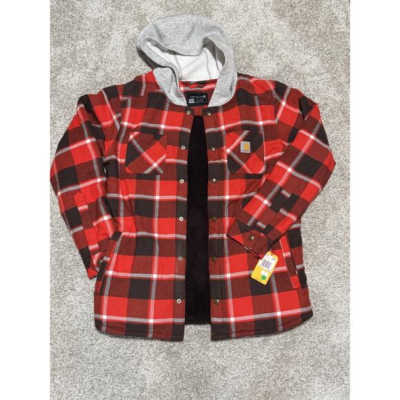 Boy's Youth XL Carhartt Sherpa Lined Snap Front Plaid Flannel Hooded Jacket NEW - Picture 1 of 6